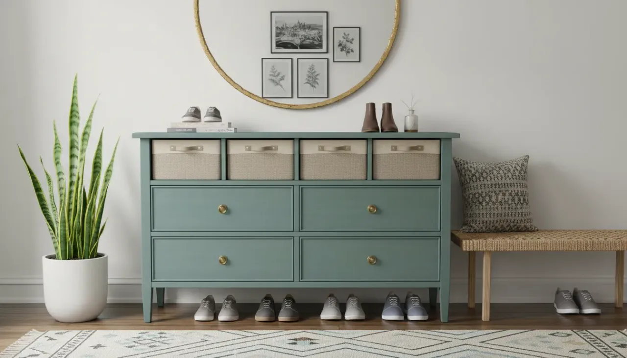 A beautifully restored vintage wooden dresser repurposed as an open-shelving shoe cabinet in a bright, modern entryway
