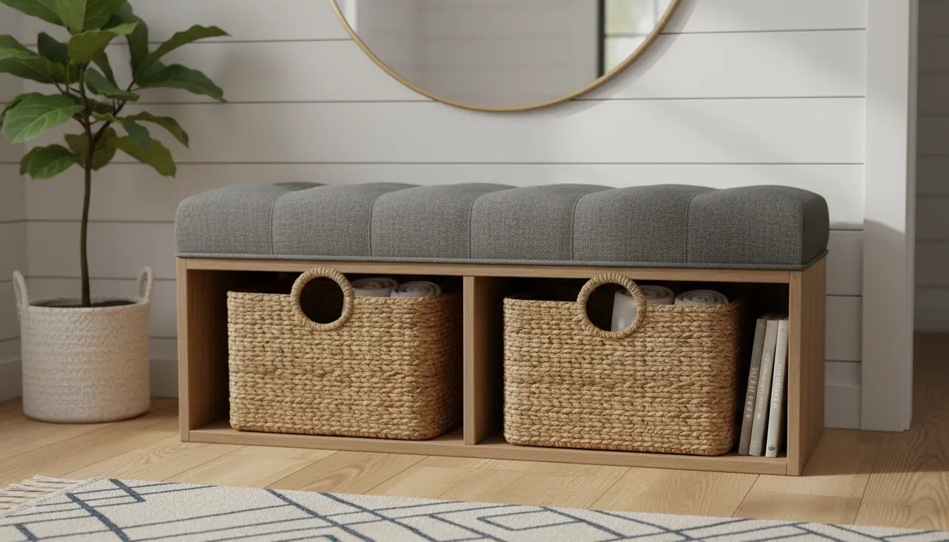 Detailed view of an upholstered bench with wicker basket storage underneath