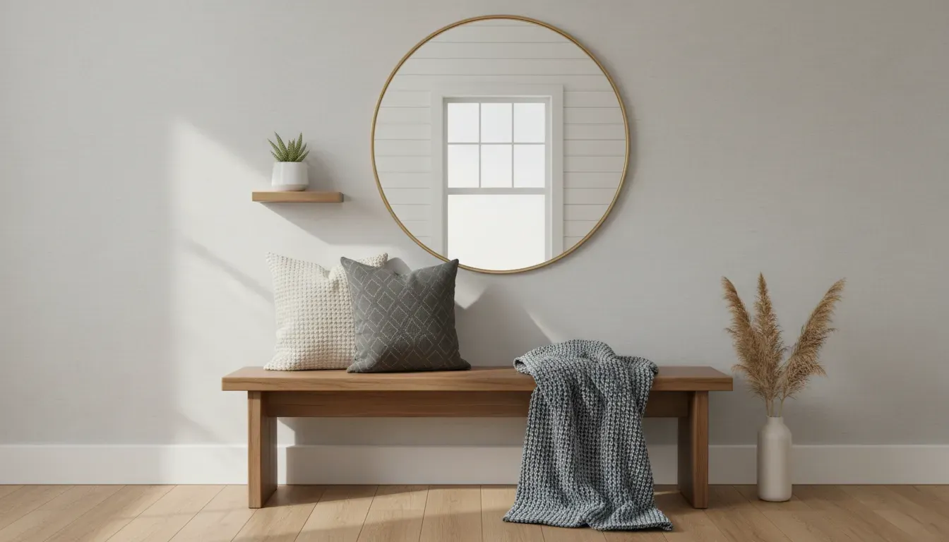 Stylized entryway bench with decorative pillows, a throw blanket, and a wall mirror above