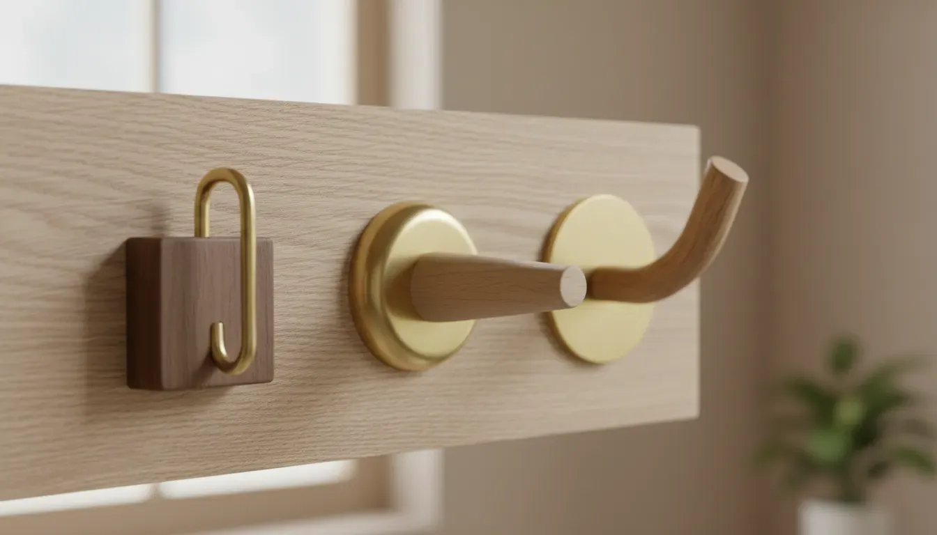 A close up of mixed material hooks featuring wood and brass