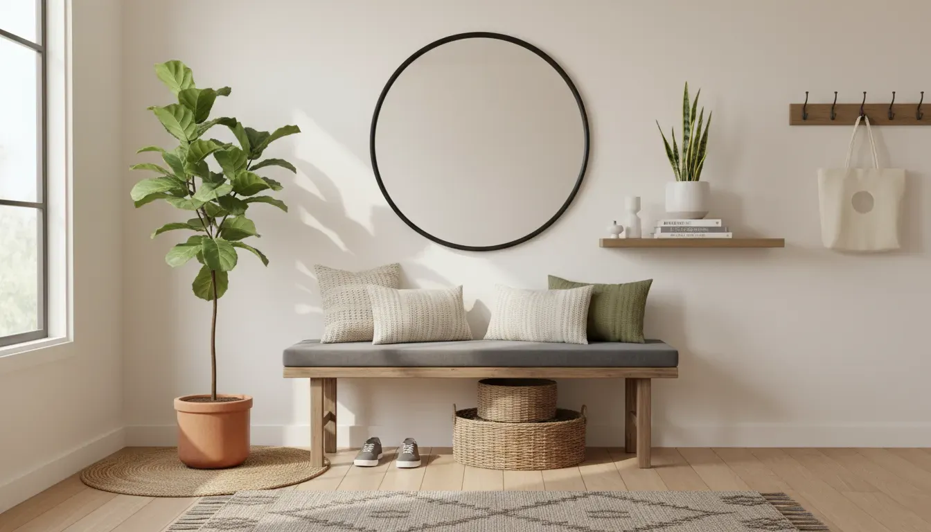A beautifully styled entryway with a storage bench, mirror, and plants creating a welcoming atmosphere