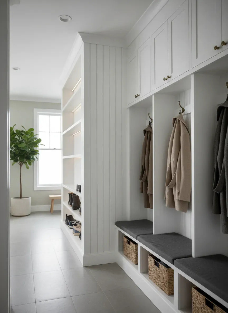 Vertical shiplap millwork installed in a modern mudroom behind built-in storage cubbies