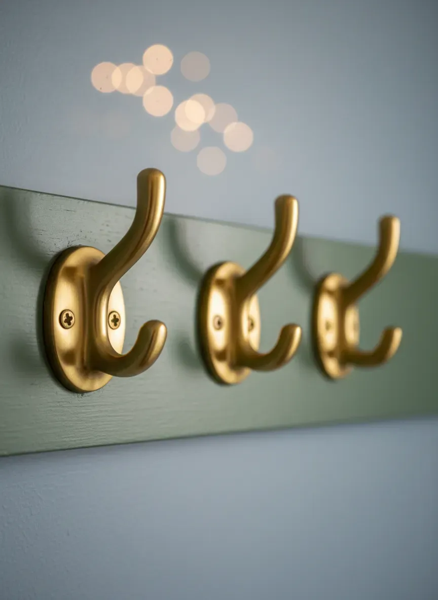 Close-up of heavy-duty brass coat hooks mounted securely onto a custom painted MDF batten strip