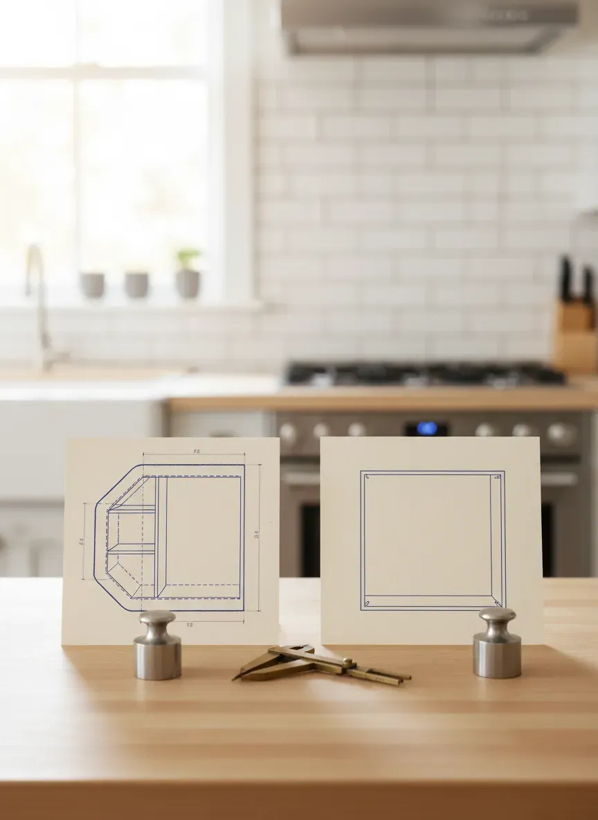 Detailed diagram showing the footprint of a diagonal corner cabinet versus a standard square corner unit