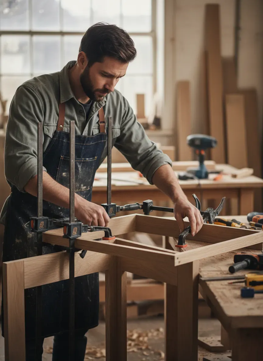 Carpenter installing the face frame on a diagonal corner unit with clamps visible