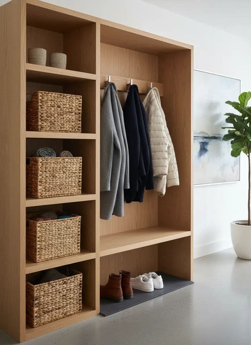 Finished diagonal entryway unit styled with baskets and coats
