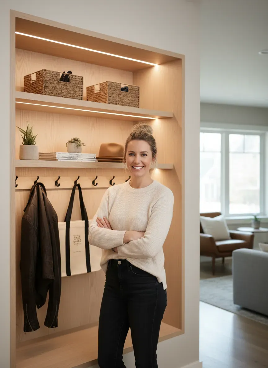 A finished corner entryway fitted with wooden shelves, a basket, and wall hooks in a compact hallway