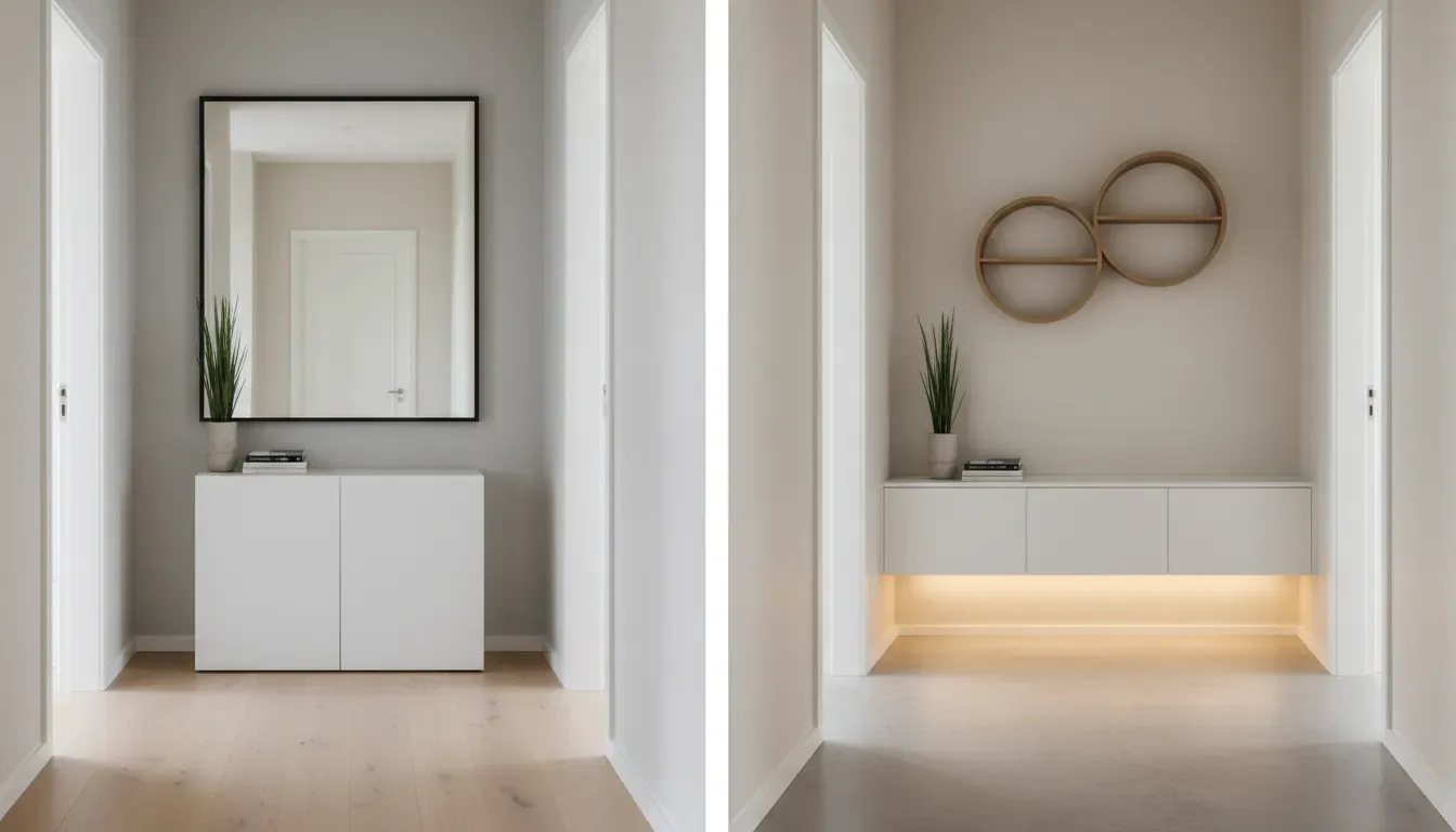 A diagram illustrating the difference between floor-standing units and floating units in a narrow hallway context