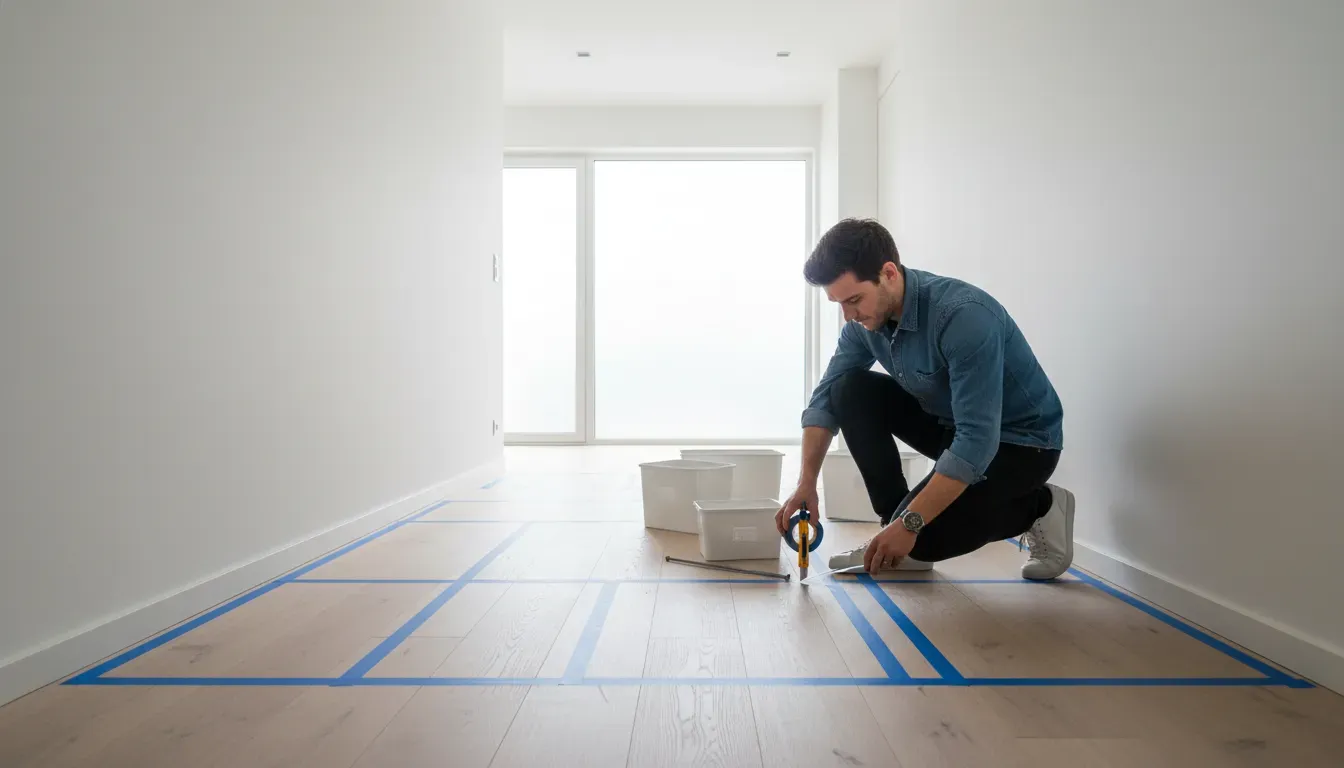 A person using painter's tape to outline storage zones in a hallway