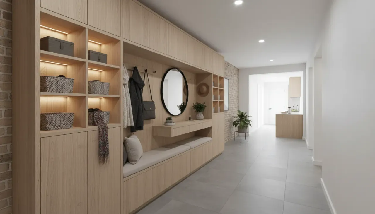 A sleek, narrow apartment entryway featuring wall-mounted shoe storage, floating shelves, and a large mirror to expand the visual space.