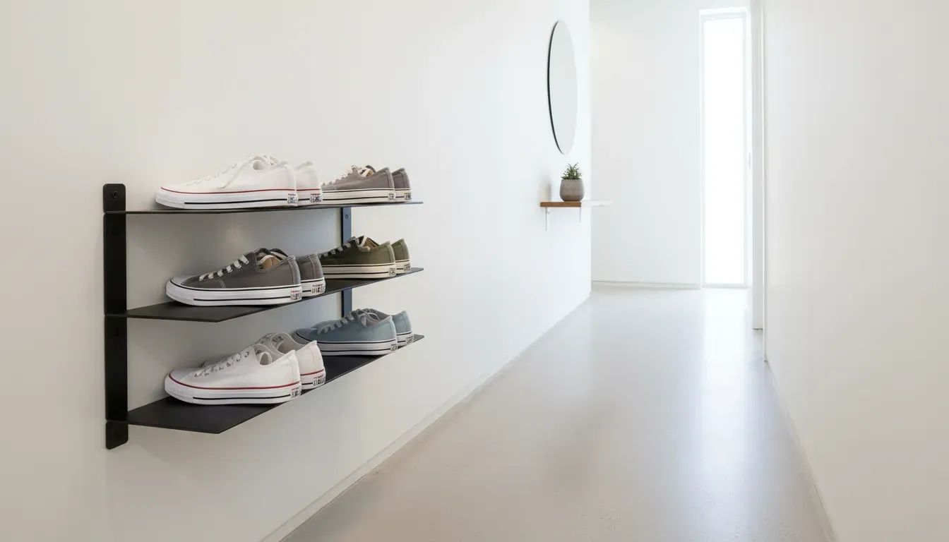 Minimalist wall-mounted metal shoe rack holding sneakers in a narrow corridor