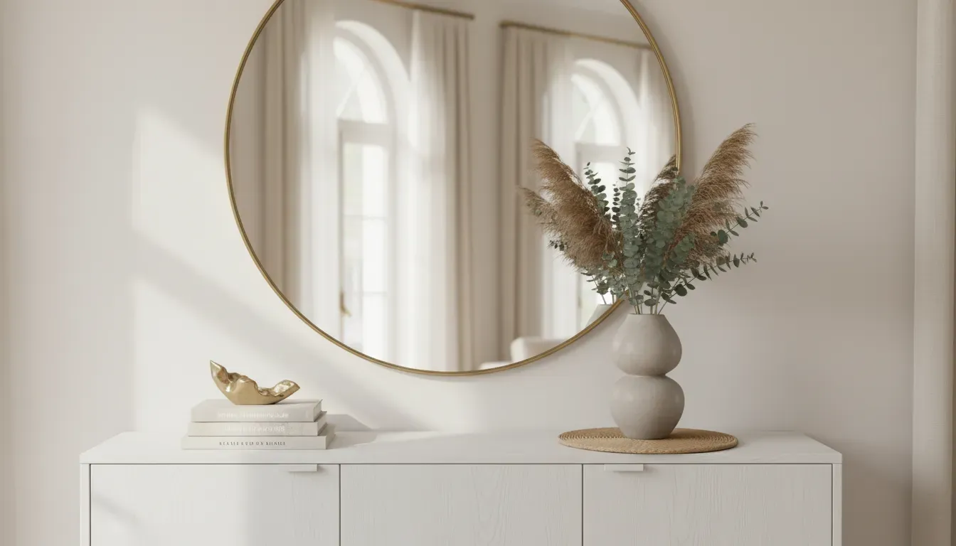 A styled console table top on a shoe cabinet with a round mirror and vase