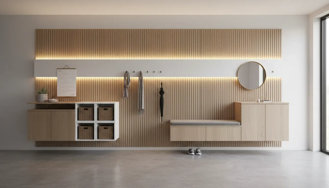 Ideally organized entryway with wall mounted storage