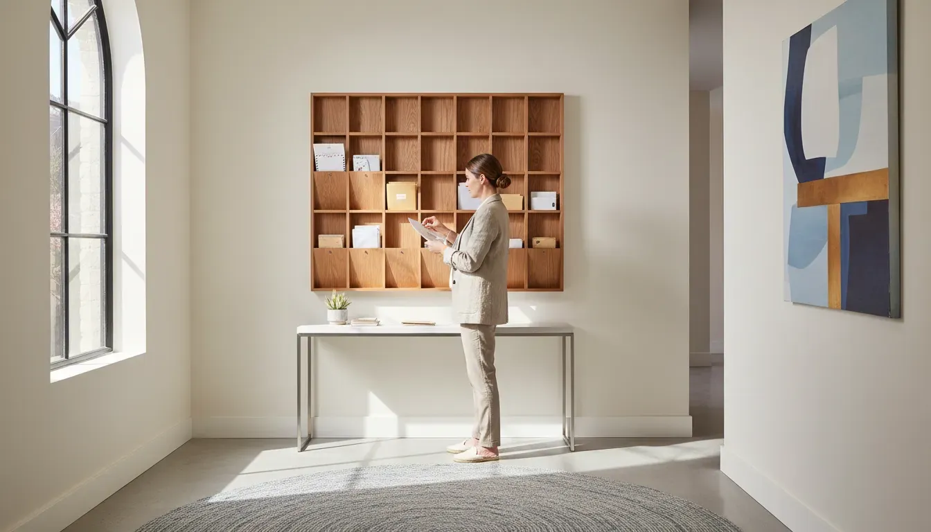 Woman sorting mail into wall mounted pockets in a bright hallway