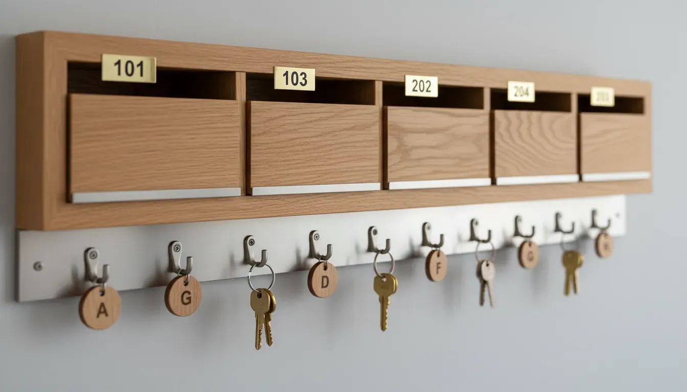 Close up of labeled mail slots and key hooks