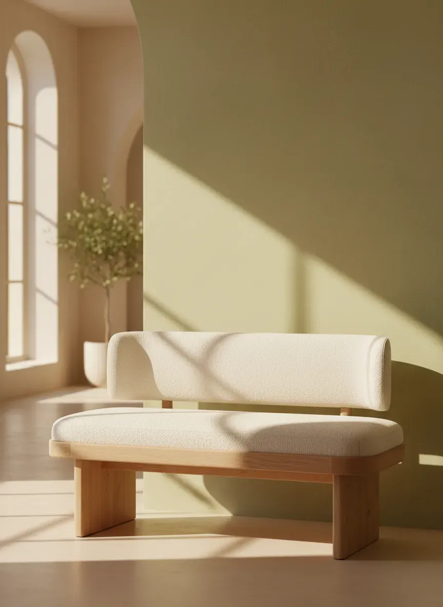 A sunlit foyer featuring a white oak bench with cream boucle upholstery against a lime-wash wall