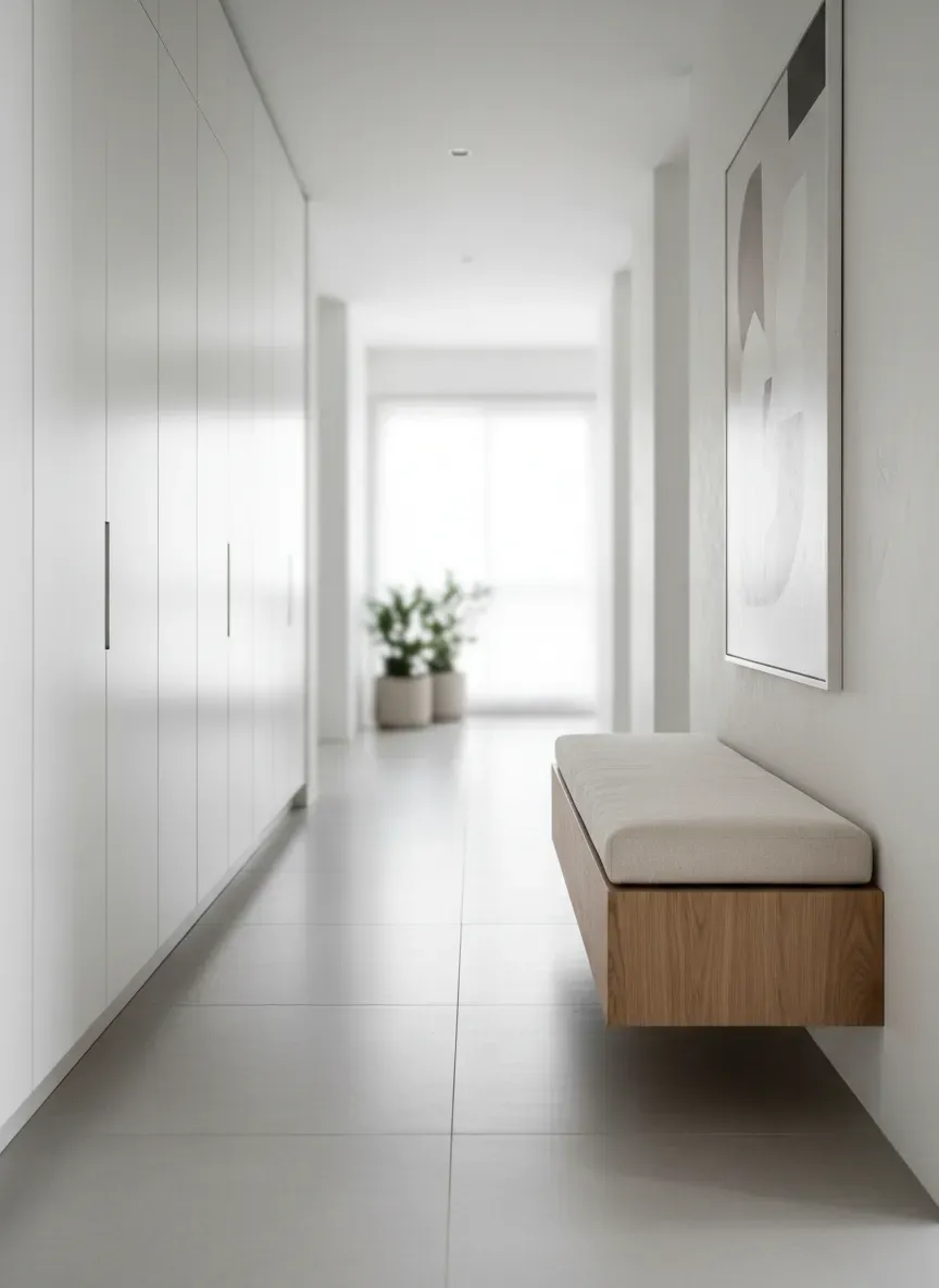 Wide shot of a modern minimalist hallway with a floating solid wood bench and boucle cushion