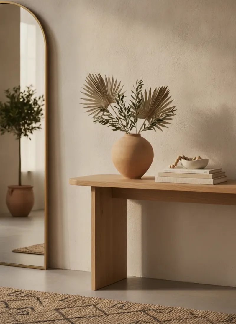 Professional SEO visualization for Warm Minimalist Entryway Decor ✨ | Modern Mediterranean Hallway Ideas | Cozy Neutral Home Aesthetic