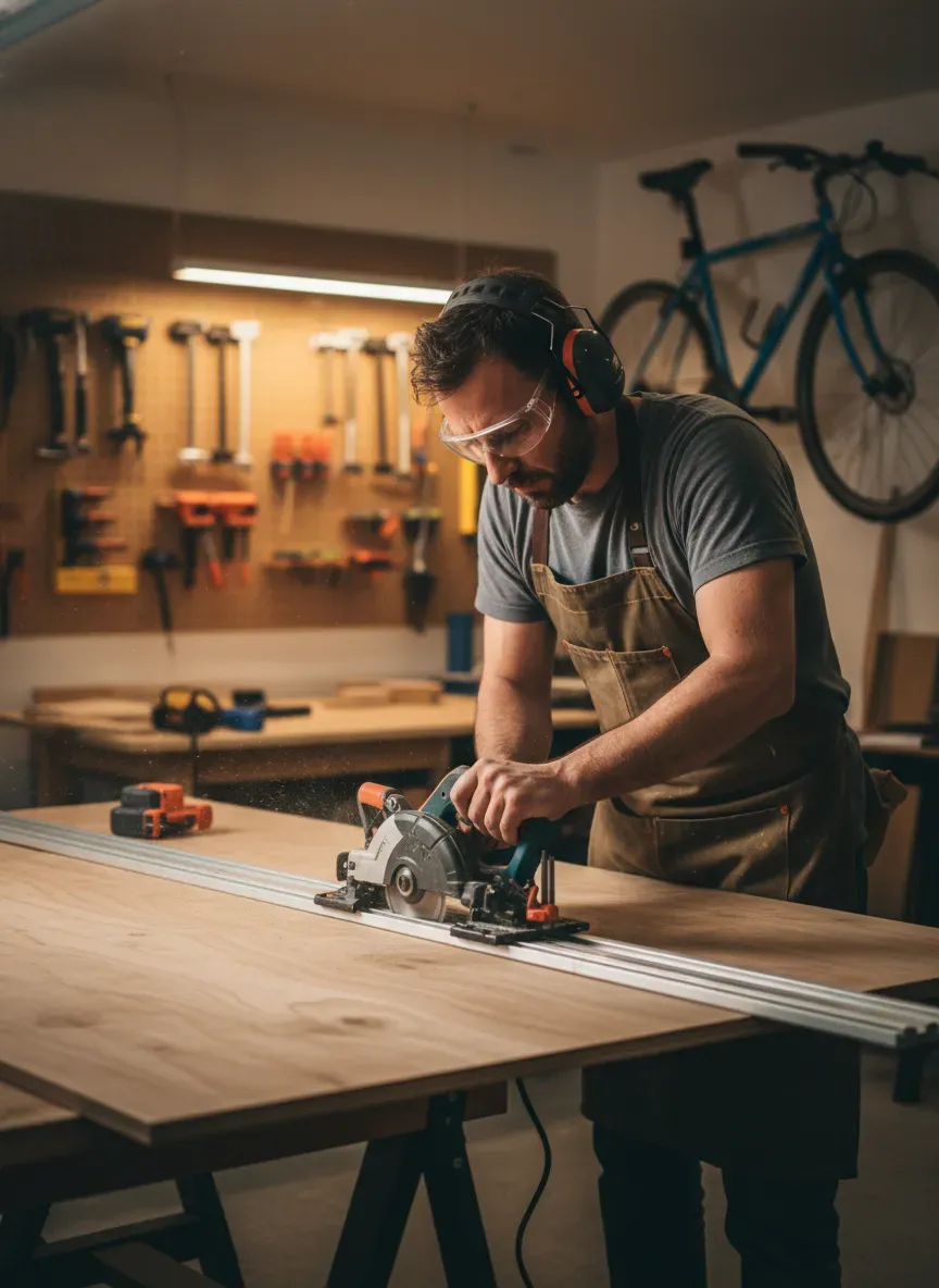 A weekend warrior using a track saw to rip large sheets of birch plywood in a garage setting