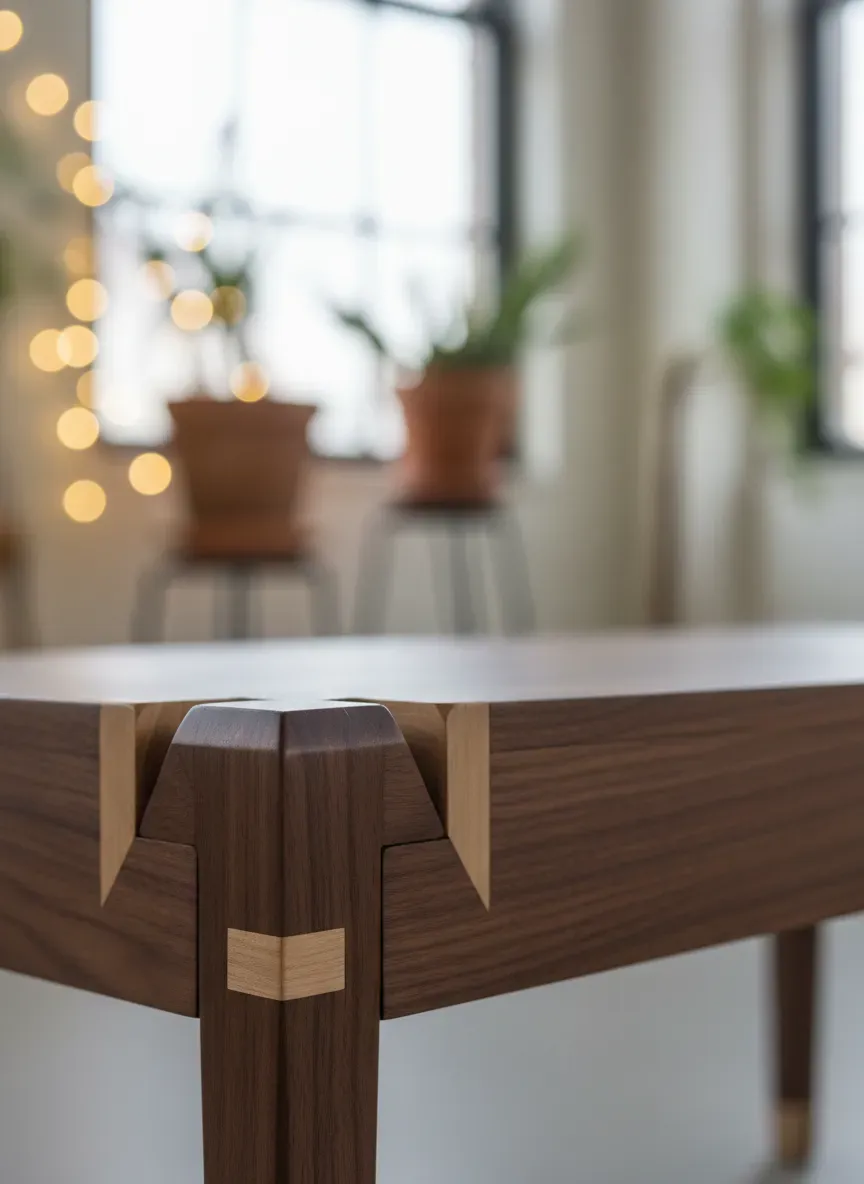 Detailed shot of wood joinery on a mid-century bench