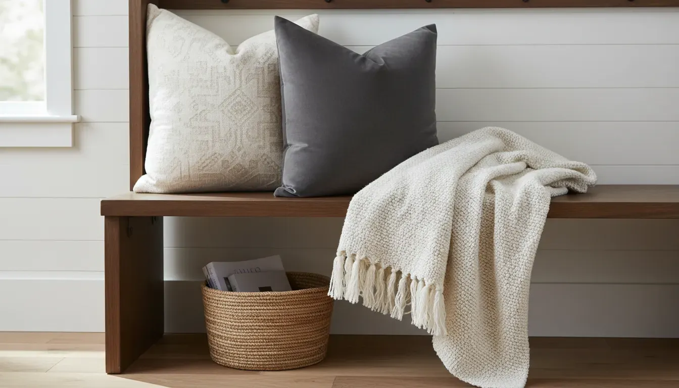 A close up detail shot of a hall tree bench styled with throw pillows and a textured throw blanket