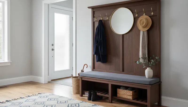 A stylish modern farmhouse hall tree situated in a well-lit entryway featuring coats, shoes, and decorative baskets