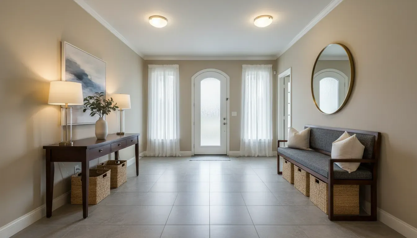 A spacious foyer with a console table on the left and a cushioned storage bench on the right, demonstrating symmetrical balance