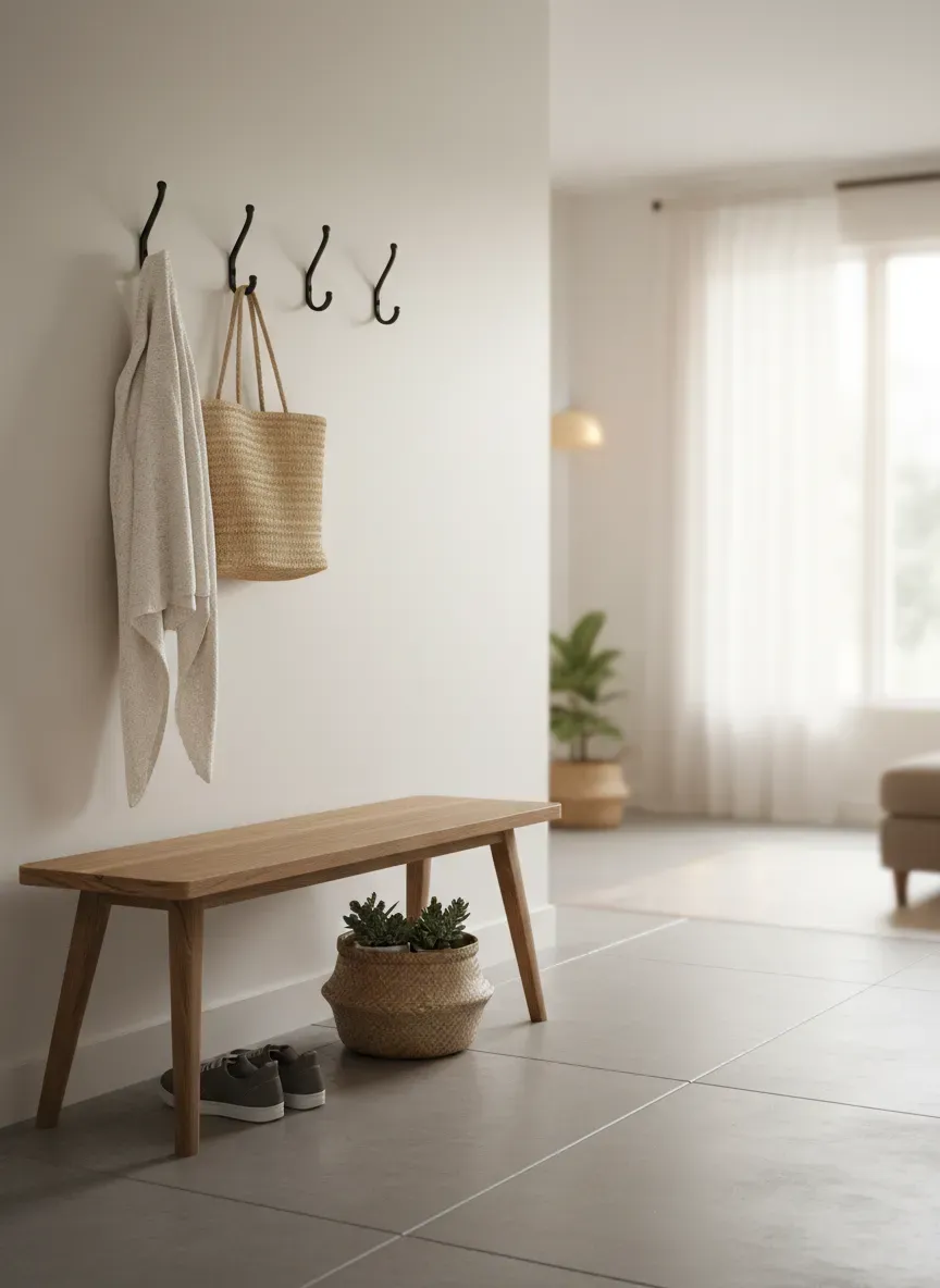 A perfectly organized entryway with a bench and wall hooks