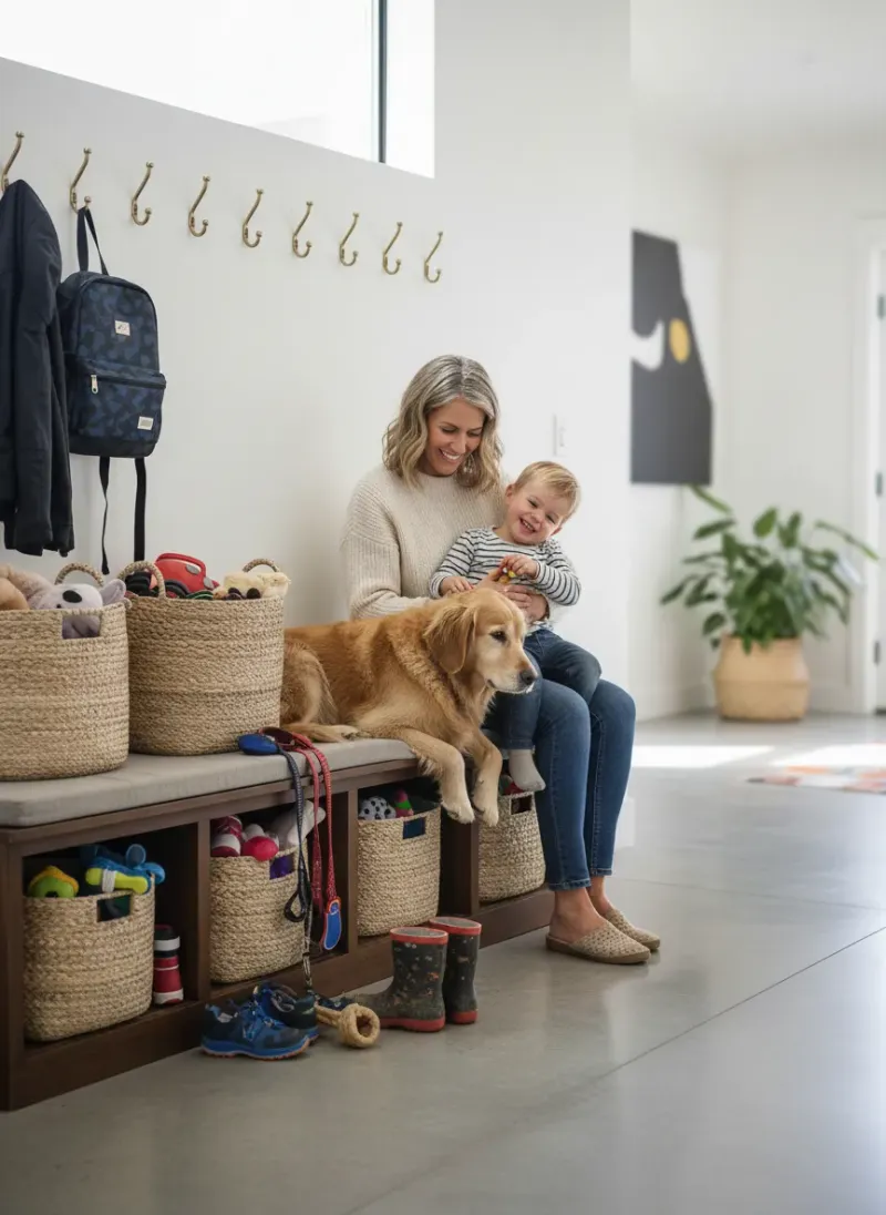 Professional SEO visualization for which entryway bench options are best for families with kids and pets?