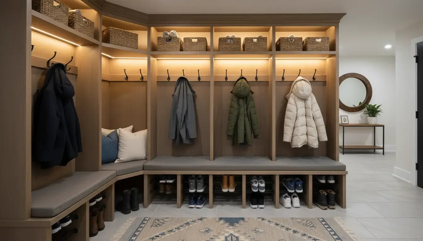 Interior design view of organized mudroom cubbies with wicker baskets on top shelves and coats hanging on black hooks, illuminated by warm LED strip lighting.