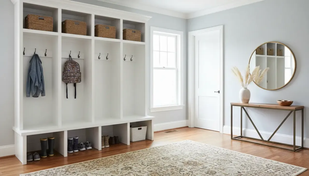 A stylish white wooden mudroom locker system with a bench and upper cubbies situated in a well-lit hallway entrance.