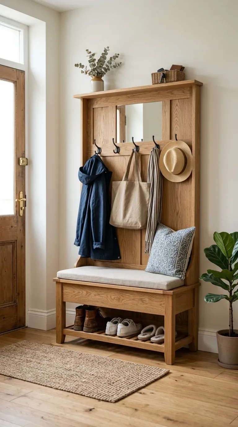 Side-by-side photo of a solid oak hall tree and a powder-coated steel hall tree in the same room