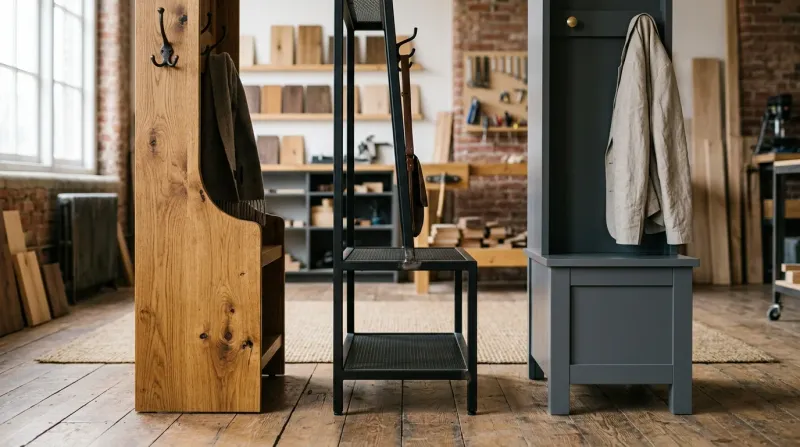 A hall tree with wooden coat hooks and coated steel storage shelves in an entryway, showing how wood and metal materials work together in one unit
