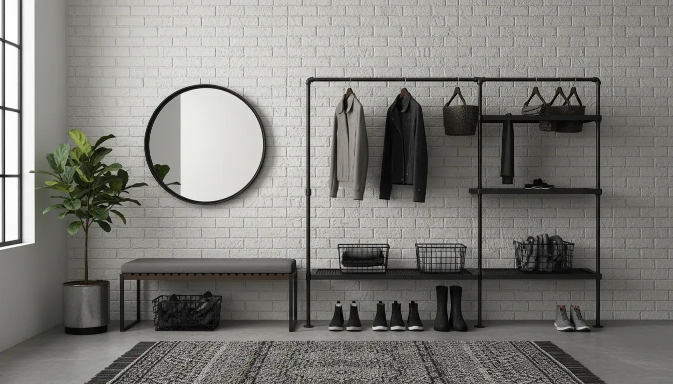 A modern industrial mudroom featuring a black iron pipe clothing rack and metal shelving against a white brick wall