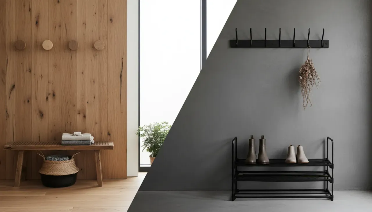 An entryway featuring a split design with a rustic wooden coat rack on one side and a sleek metal rack on the other, contrasting warm textures with industrial lines.