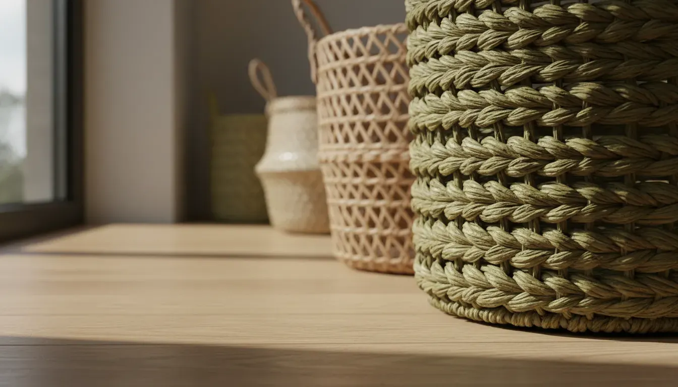 Close up detail of different woven basket textures including seagrass and water hyacinth placed on a wooden floor