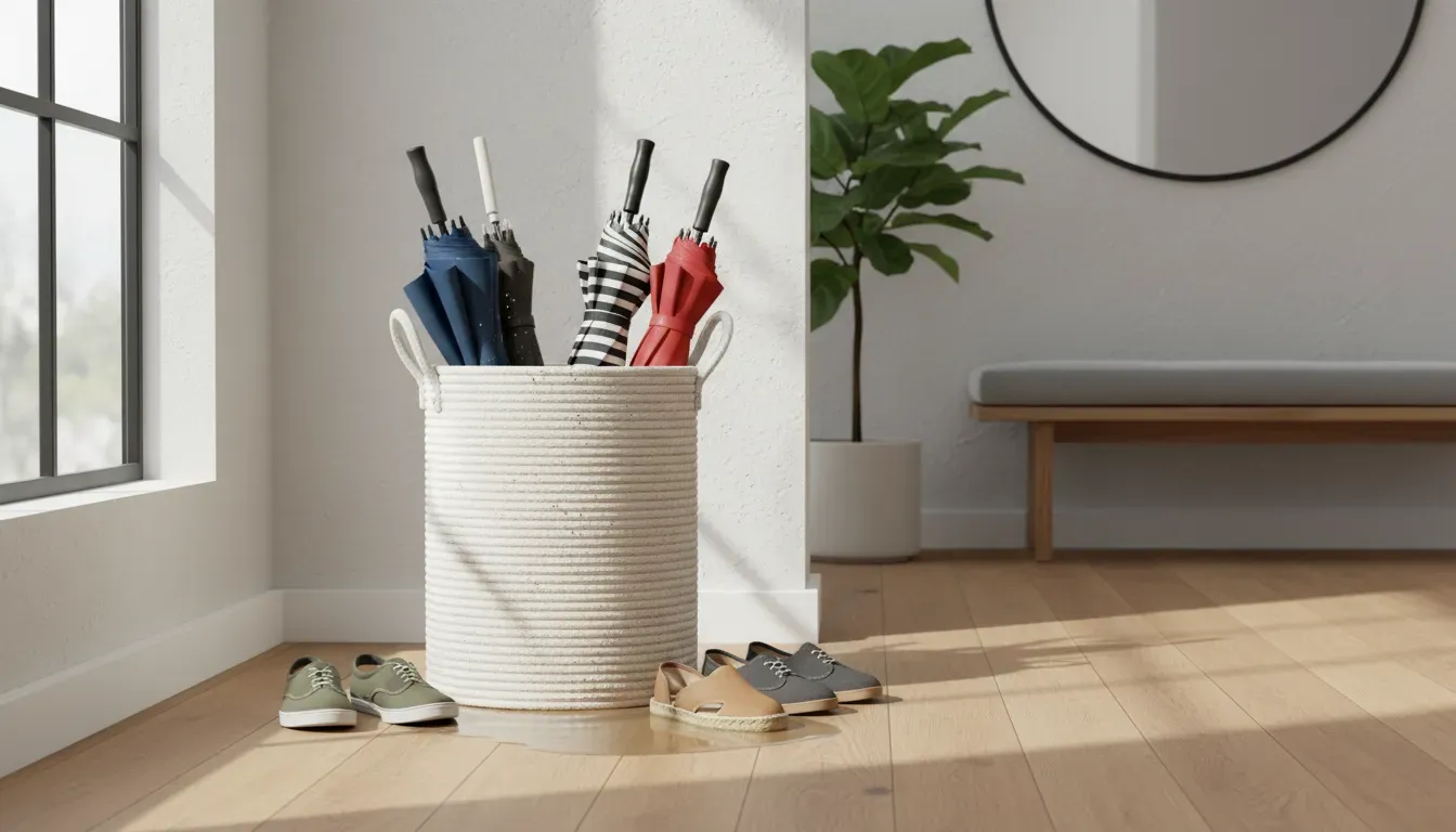 A tall woven laundry style basket in an entryway corner filled with umbrellas and casual shoes