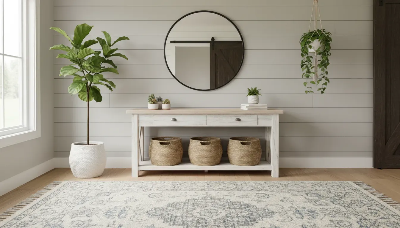Wide shot of a modern farmhouse entryway with plants, a rug, and woven baskets organized under a console table