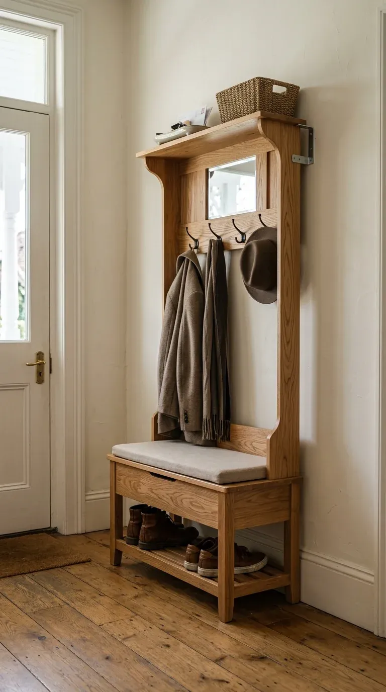 Real entryway setup with a natural oak finish hall tree, boots parked on the bench, coats on hooks, in a lived-in home