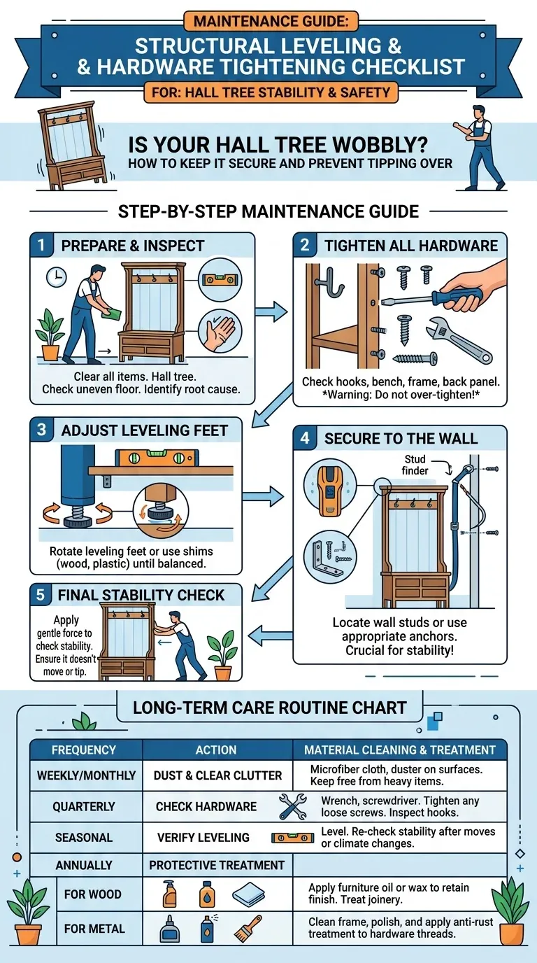 Structural maintenance checklist photo showing someone tightening hardware and leveling a hall tree base