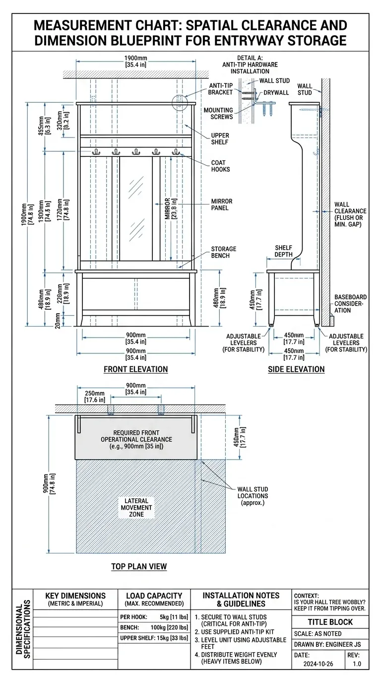 Measurement chart illustrating spatial clearance and dimension blueprint for entryway storage