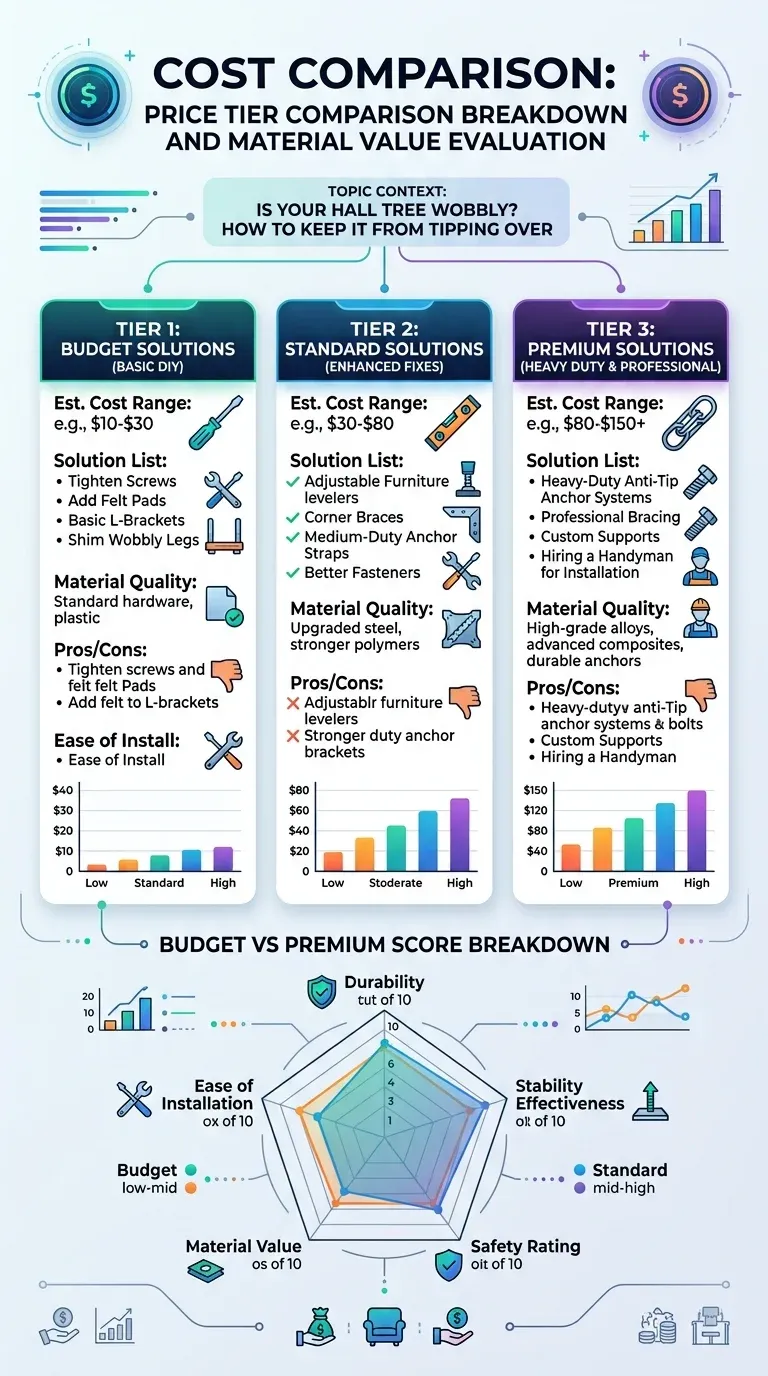 Price tier comparison chart breaking down budget, mid-range, and premium hall tree costs over ten years