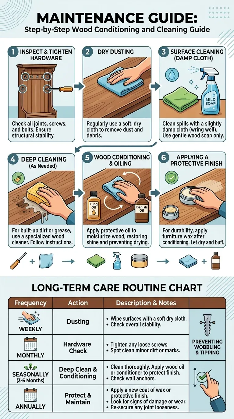 Step-by-step wood conditioning guide showing someone applying polish to a wooden hall tree bench