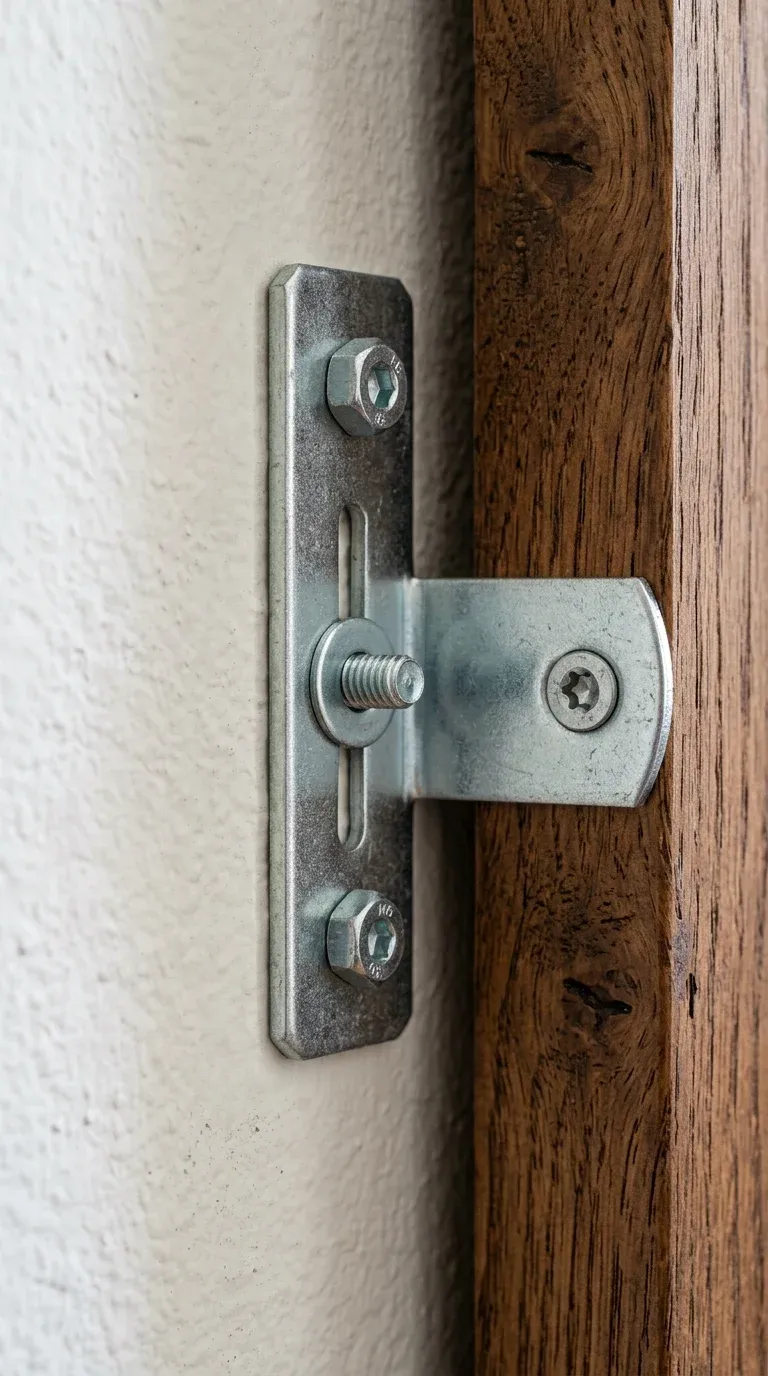 Close-up of anti-tip hardware being installed on drywall with heavy-duty toggle bolts and an L-bracket