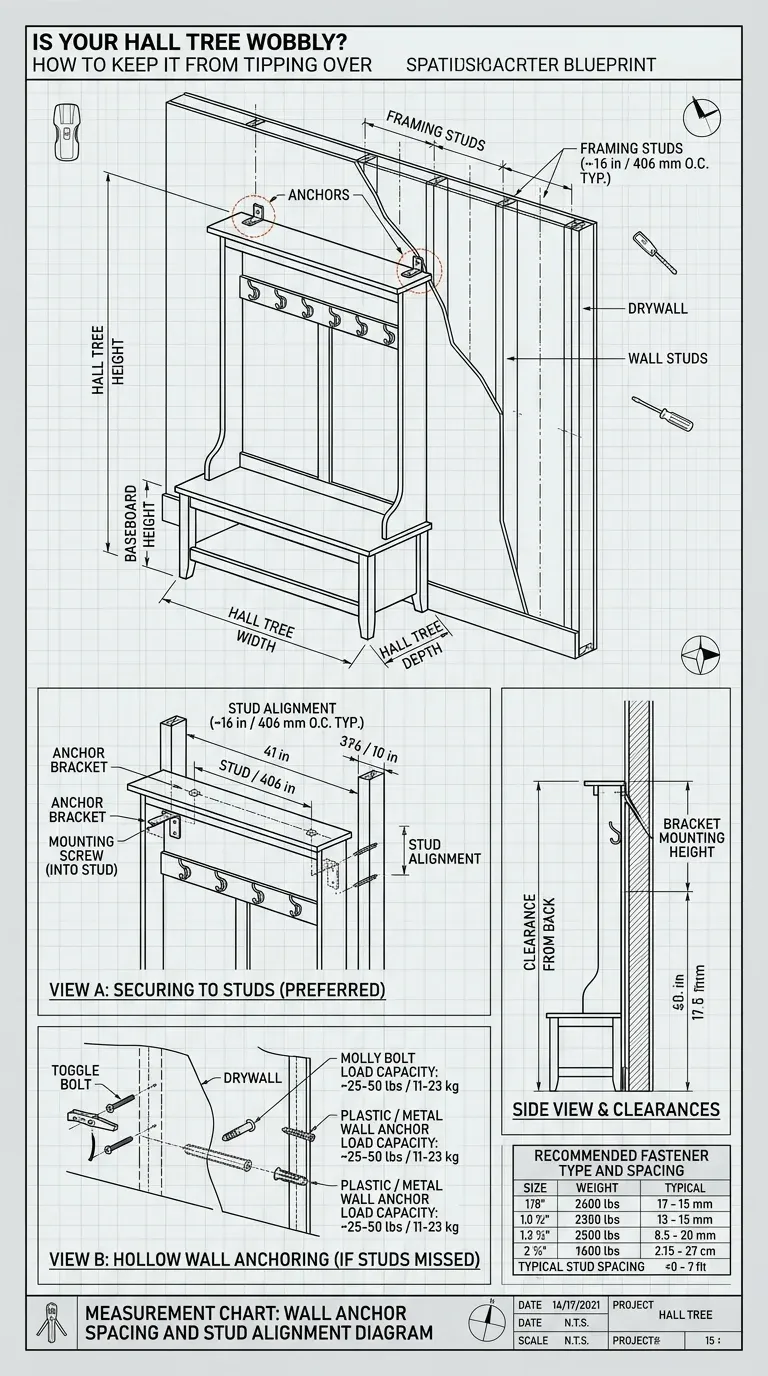Wall anchor spacing diagram showing stud locations behind a hall tree and where to mount the safety brackets