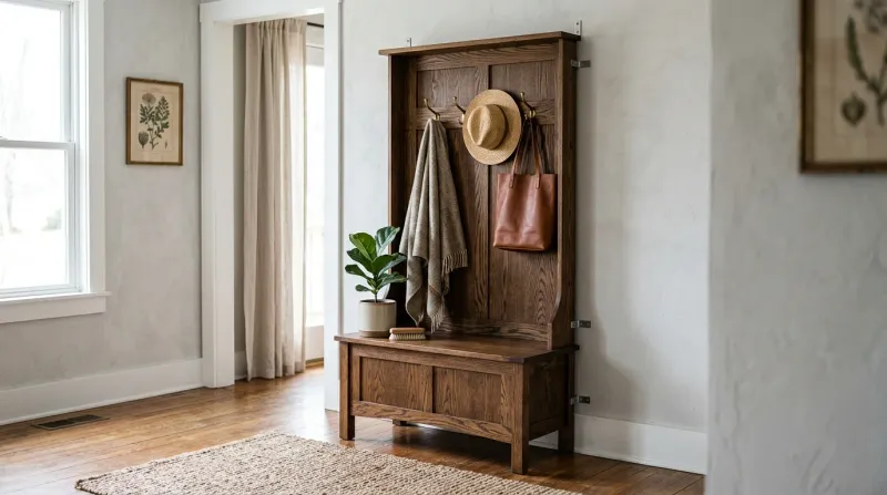 Tall oak hall tree with bench, coat hooks, and shoe cubbies in a bright entryway, shot straight on to show its narrow footprint